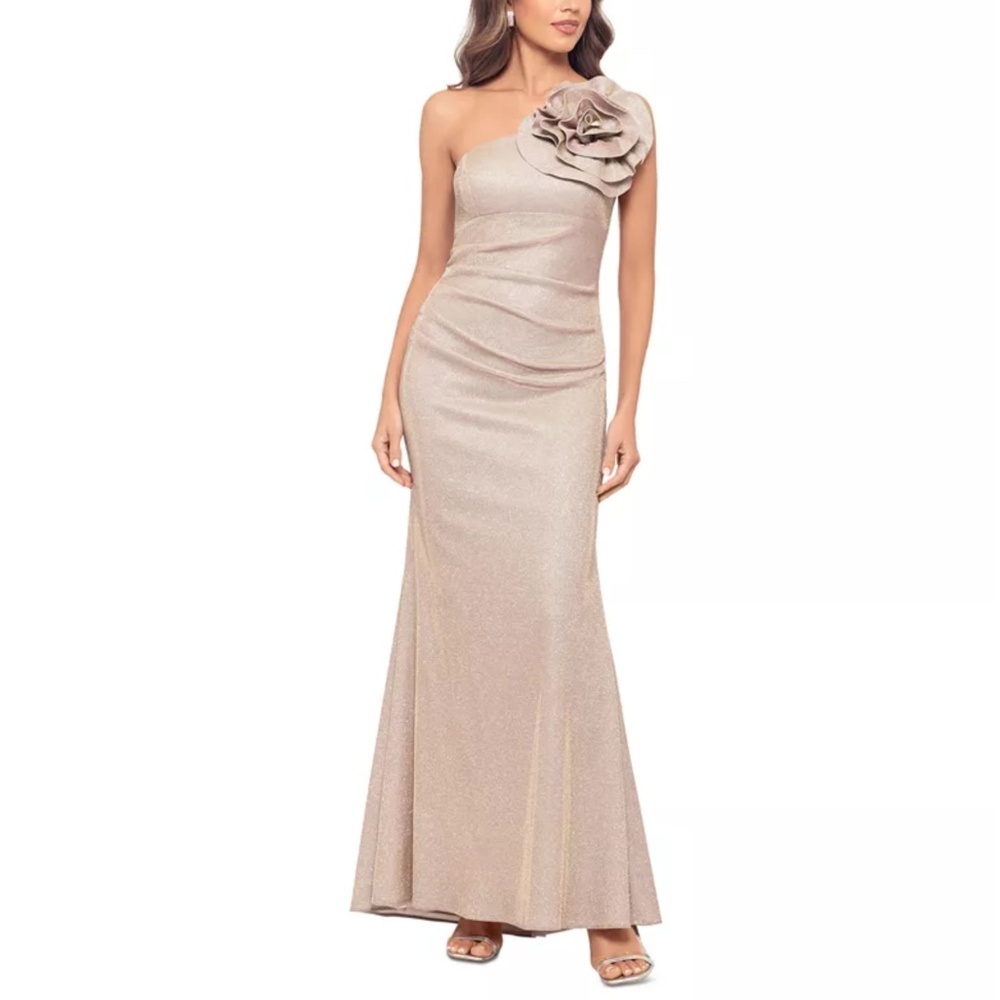 Betsy & Adam - Phoebe Galaxy Knit One-Shoulder Flower Floor Length Gown